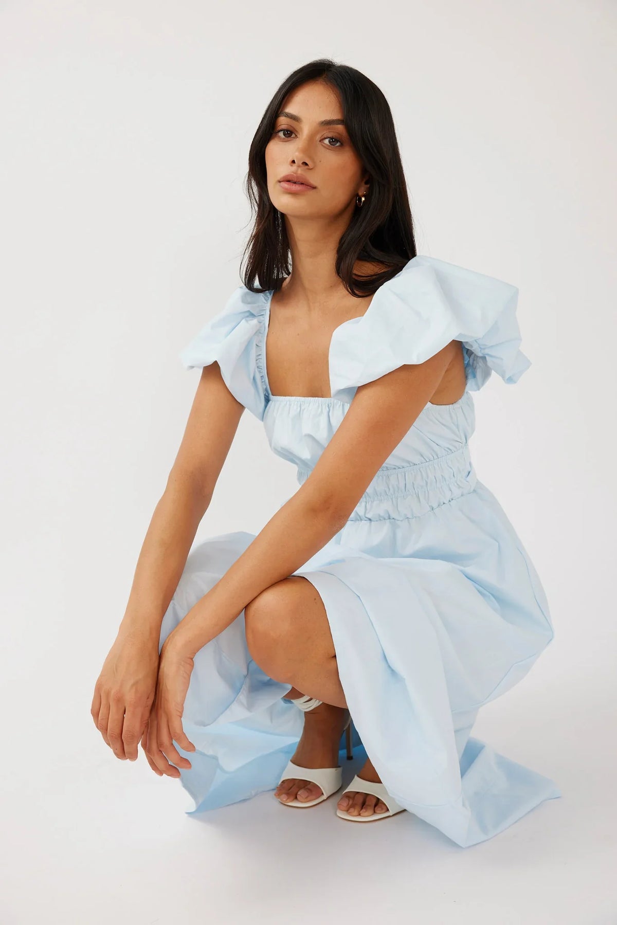 Rose Meadow Puffed Sleeve Midi Dress Blue