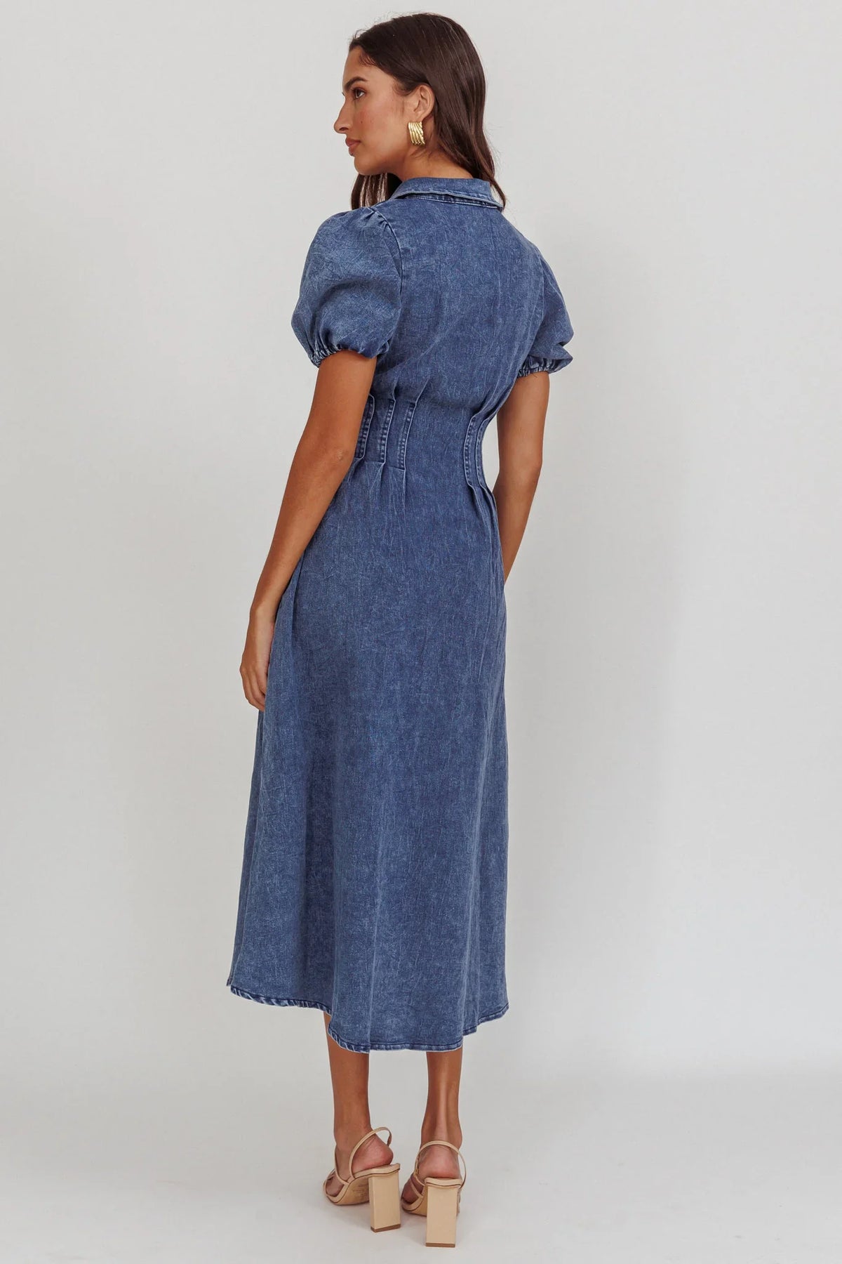 Zurich Pleated Waist Midi Dress Denim Dark Blue