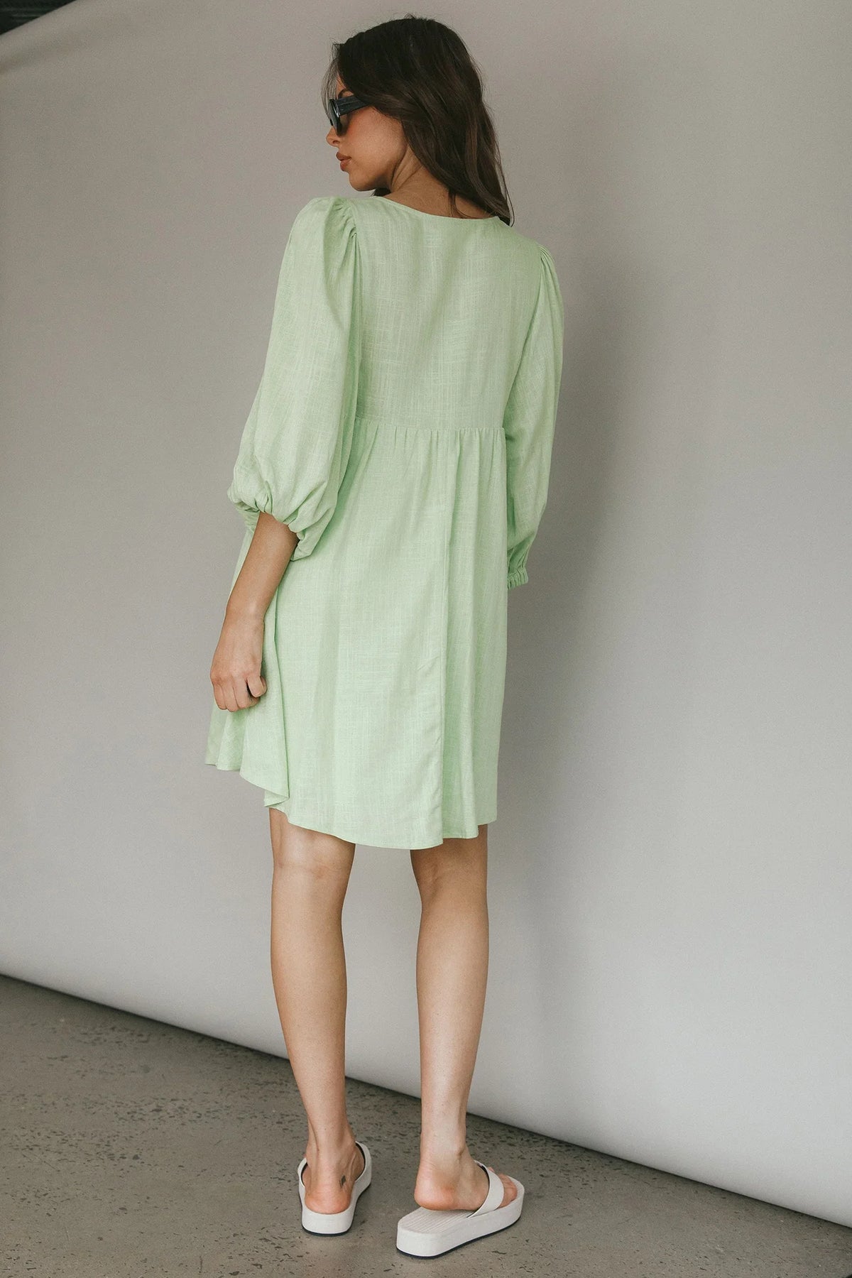 New Haven Puff Sleeve Swing Dress Lime