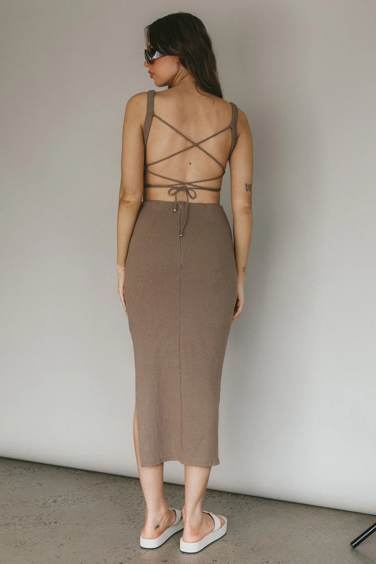 Dream Crush Lace-Up Back Side Split Midi Dress Khaki