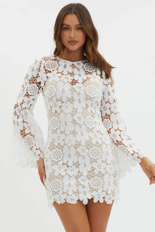 Reinhart Flared Sleeve Crochet Lace Dress White