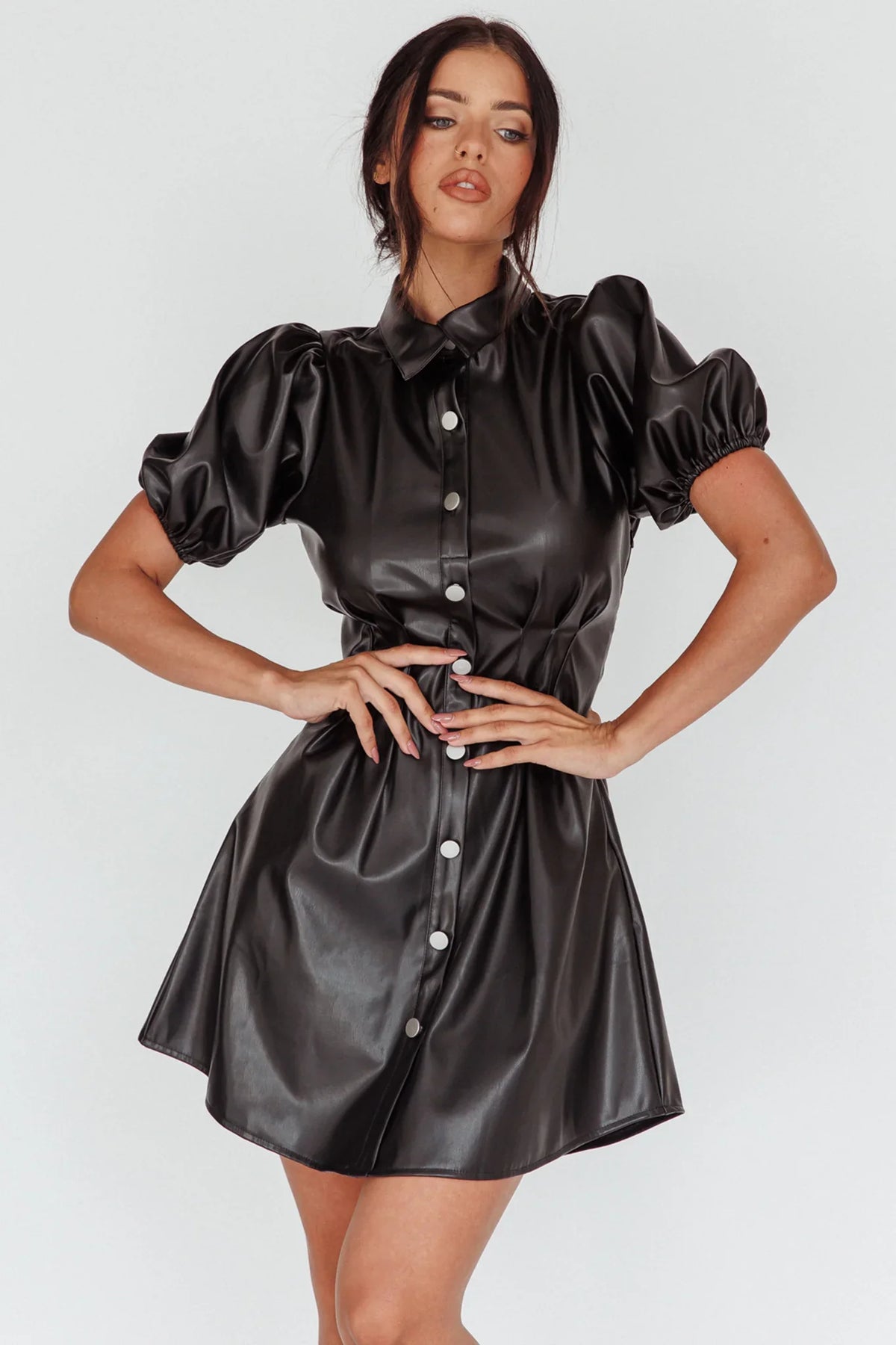 Zurich Pleated Waist Shirt Dress Faux Leather Black