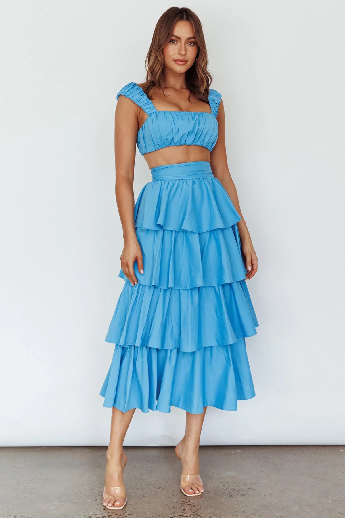 Suenito Tiered Frill Maxi Skirt Blue