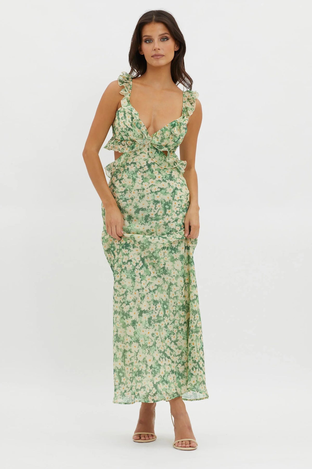 Second Chances Ruffle Trim Maxi Dress Flowers Green
