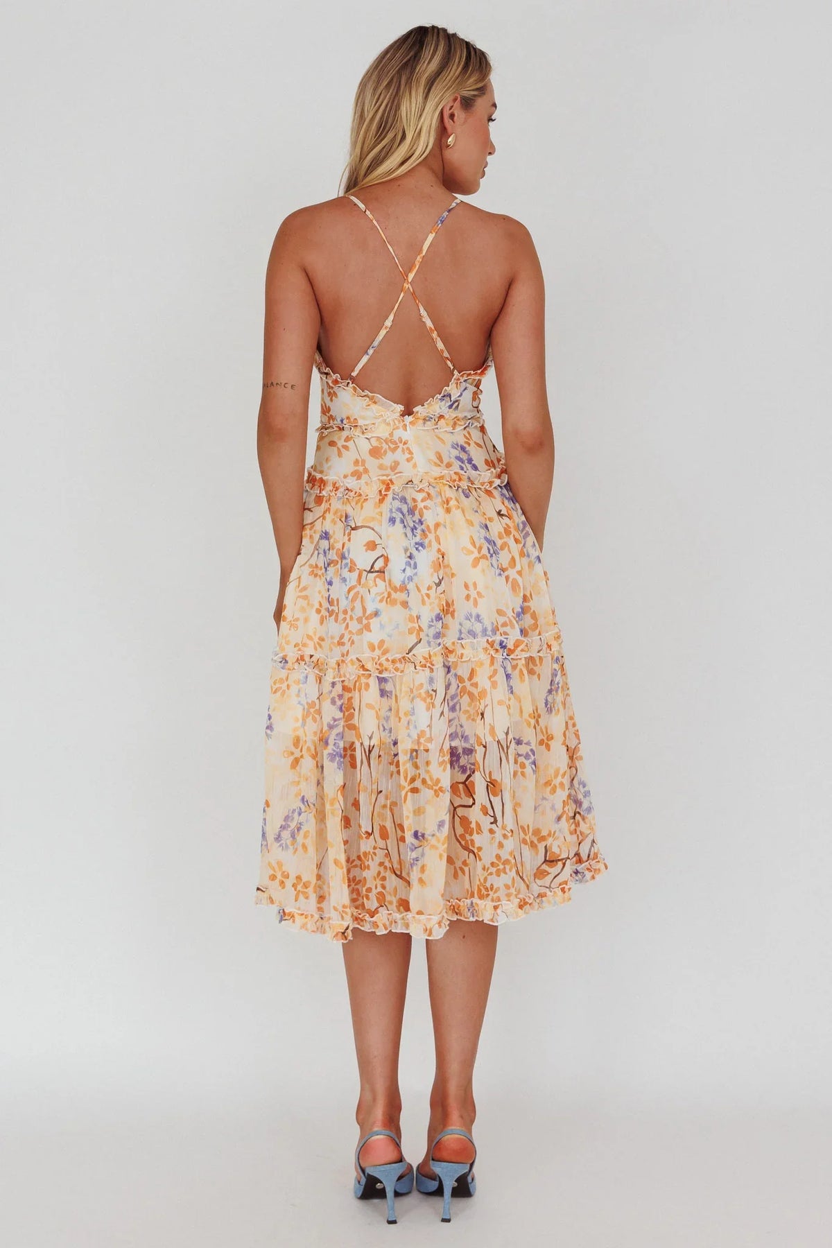 Laney Low Back Cami Strap Midi Dress Floral Orange