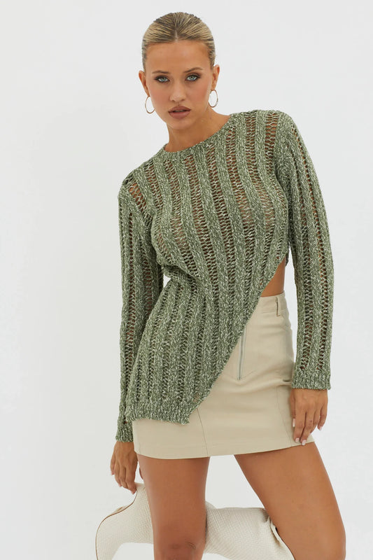 Evergreen Asymmetrical Hem Ribbed Knit Top Olive
