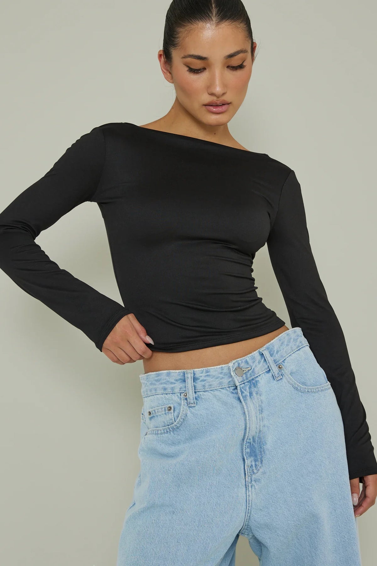 Cheers Boat Neck Long Sleeve Top Black