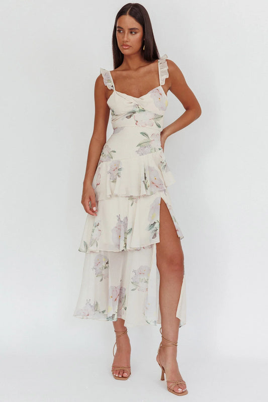 Veda Ruffle Strap Split Maxi Dress Magnolia Cream