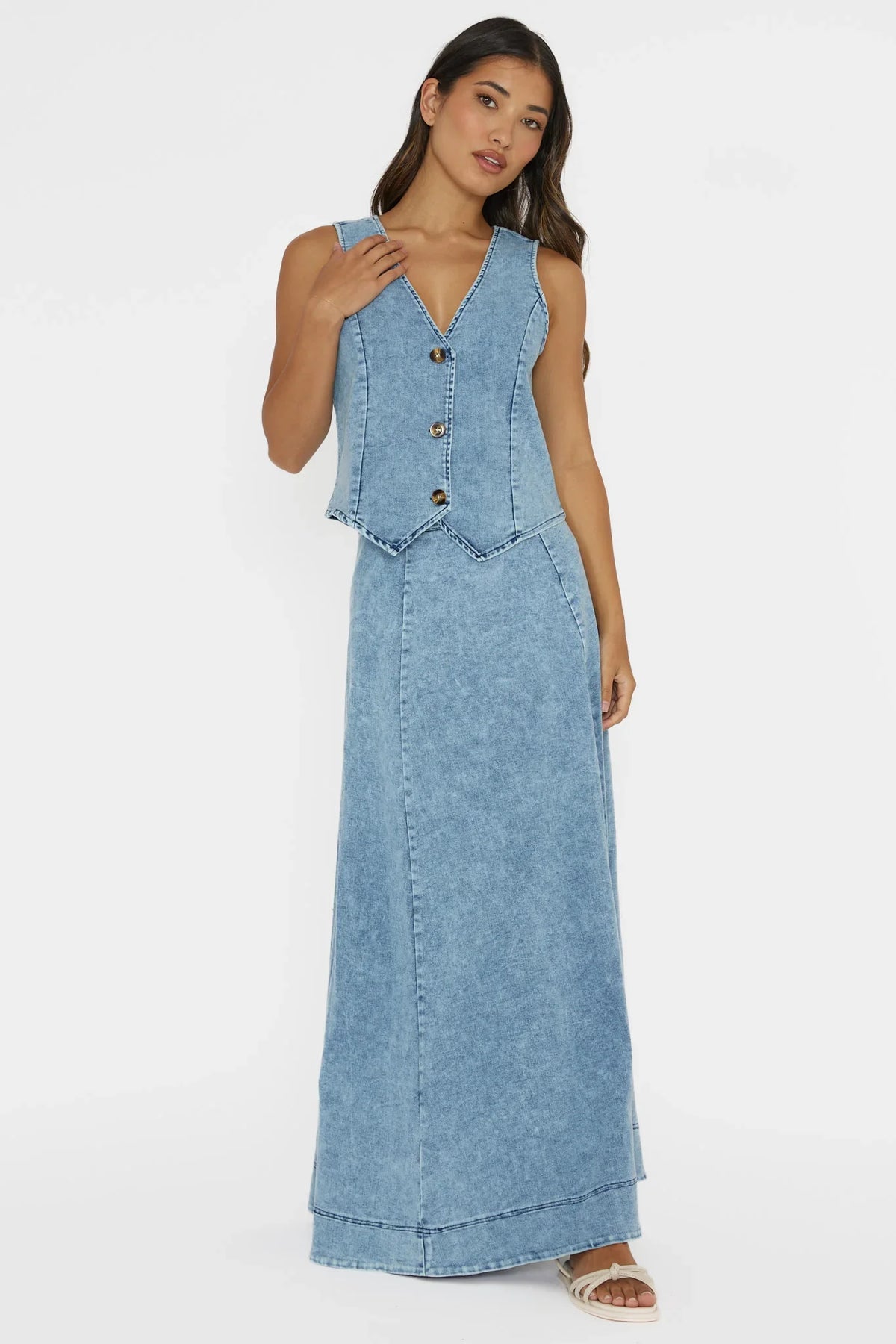 Rhythms Button Vest Denim Blue
