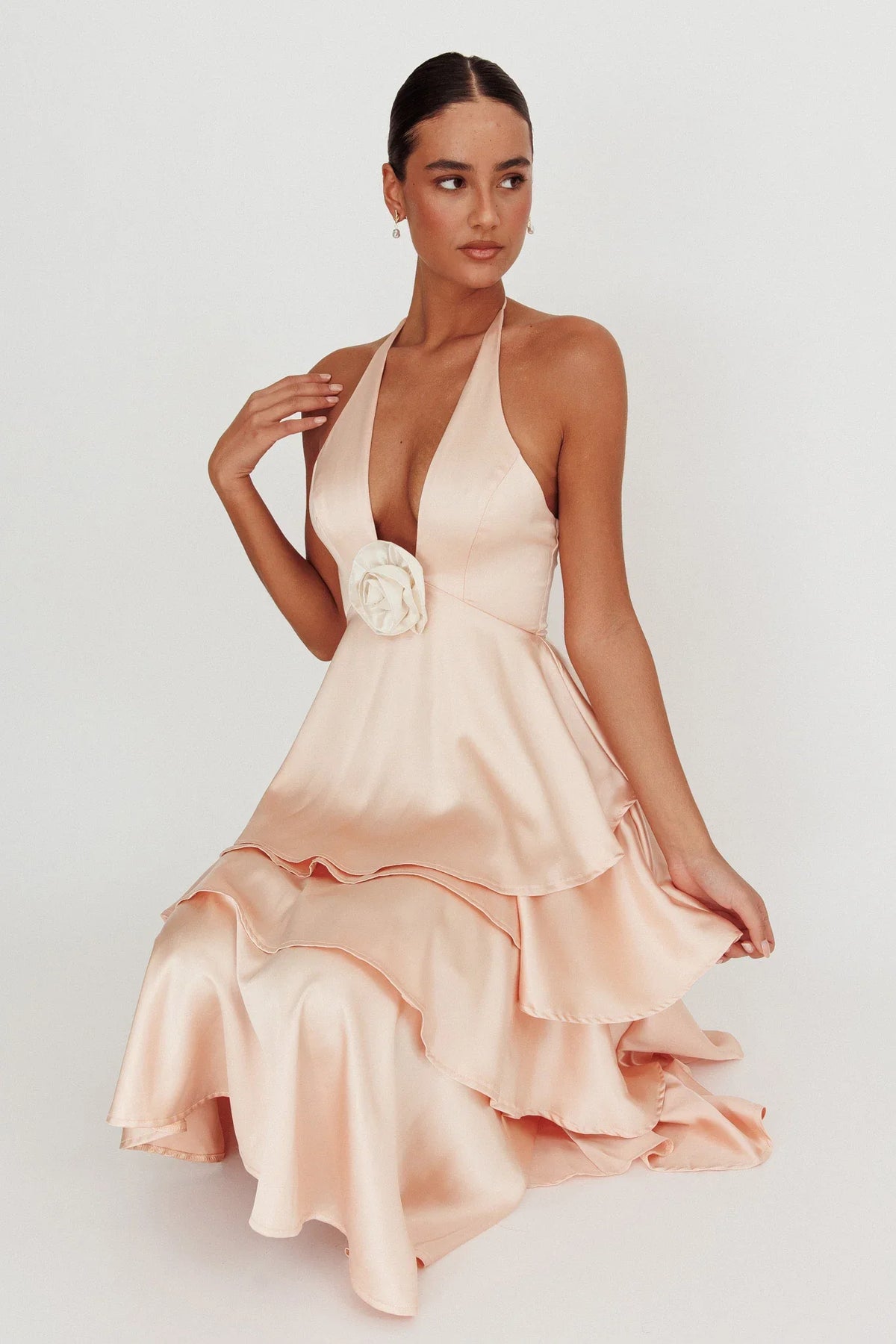 Catalina Tiered Ruffle Rosette Maxi Dress Peach