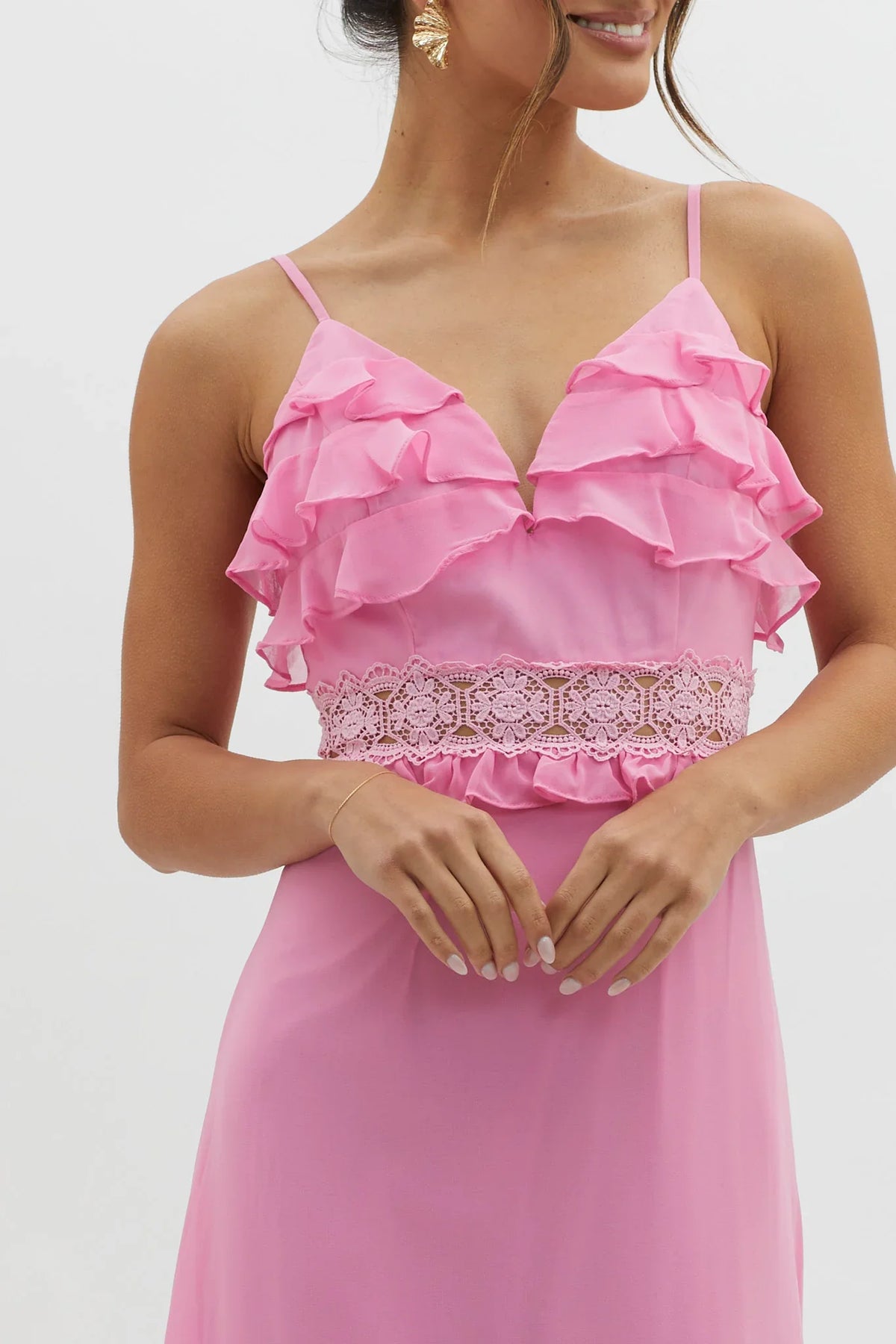 Spirited Ruffle Bust Maxi Dress Pink