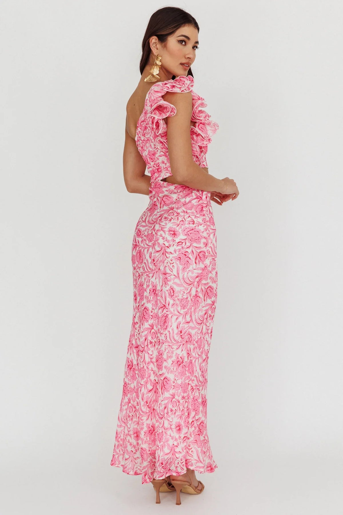 Deanna One-Shoulder Ruffle Midi Dress Floral Pink