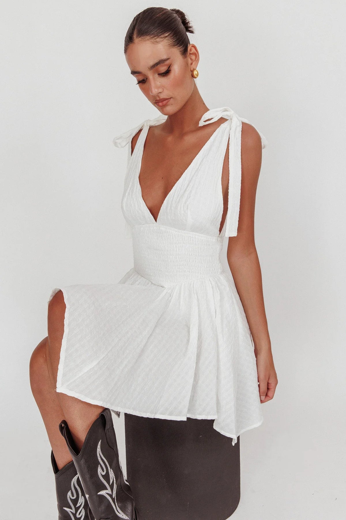 Lido Tied Shoulder Shirred Romper White