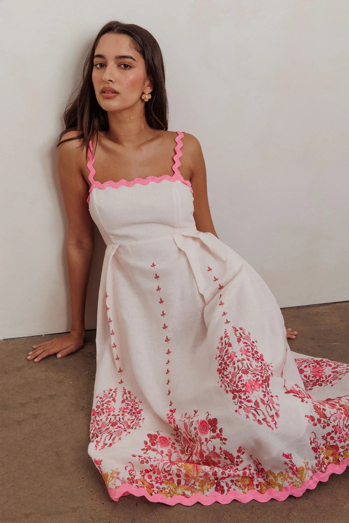 Asami Floral Print Ric Rac Trim Midi Dress Blush