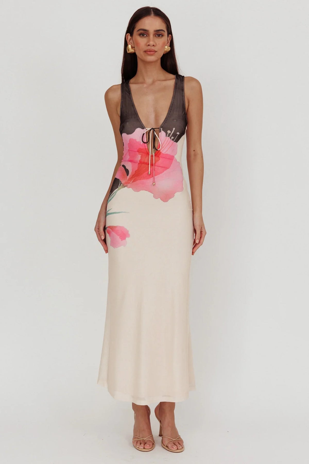 Cinders Tied Plunging Neckline Maxi Dress Flower Black