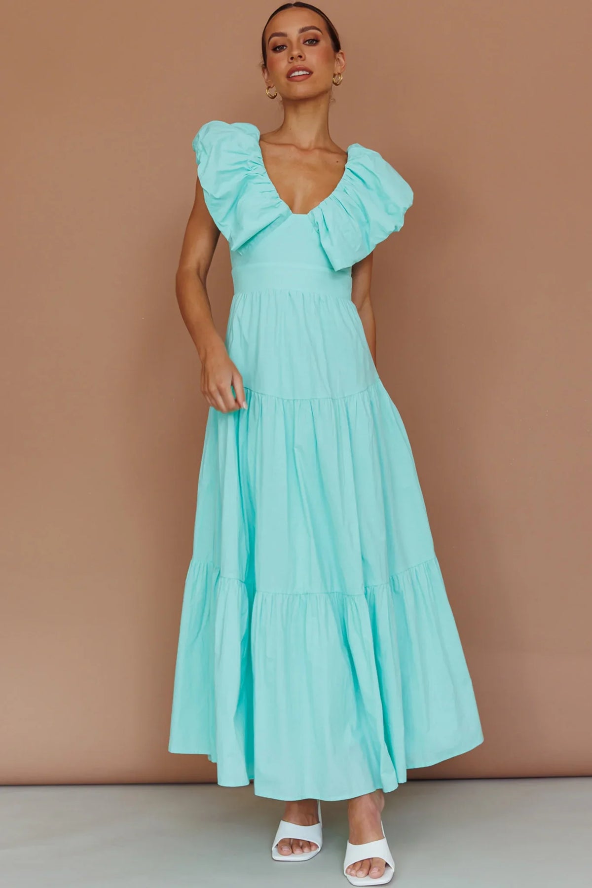 Kahlo Puffed Ruffle Neckline Maxi Dress Mint