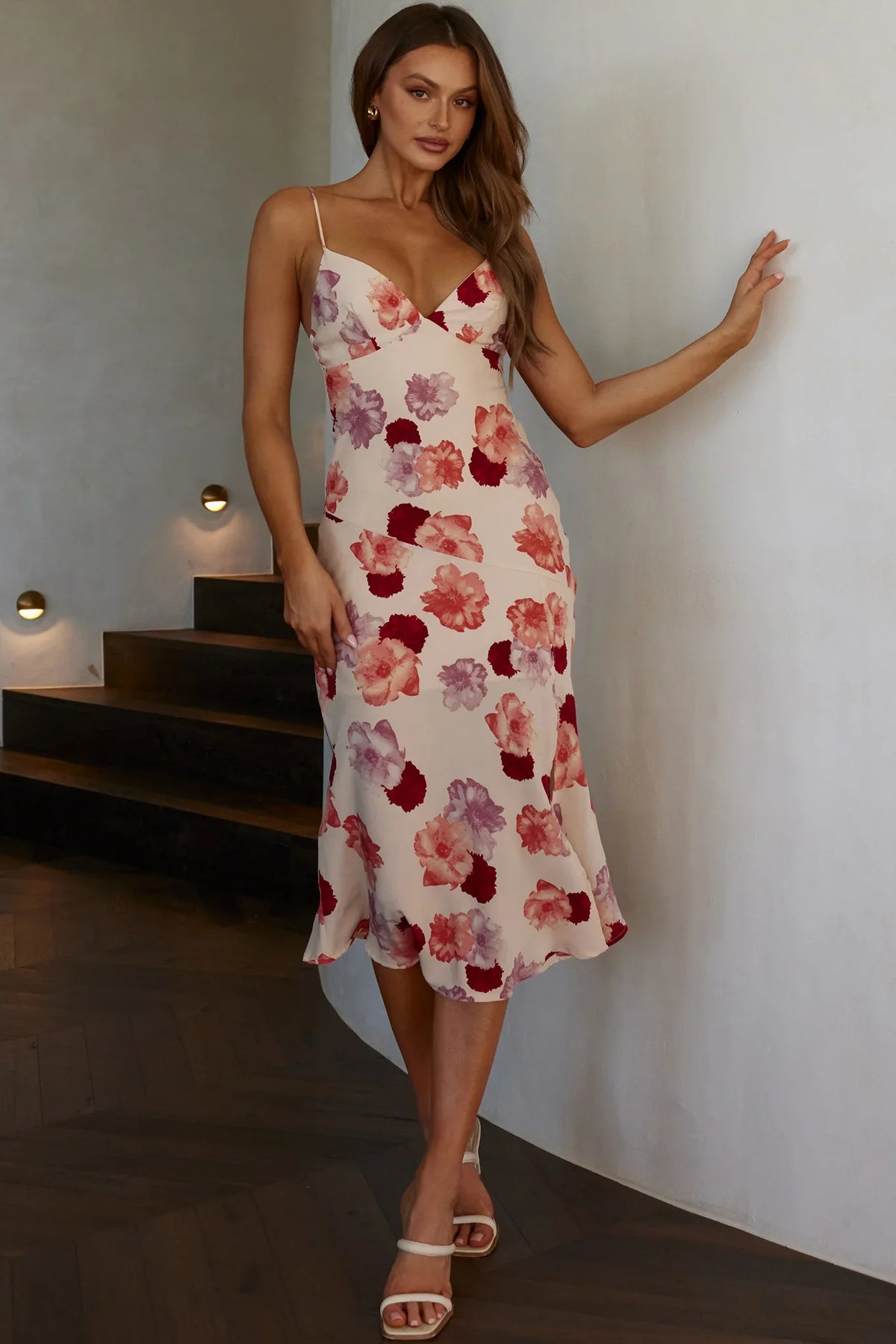 Downtown Cami Strap Front Split Midi Dress Flower Rose