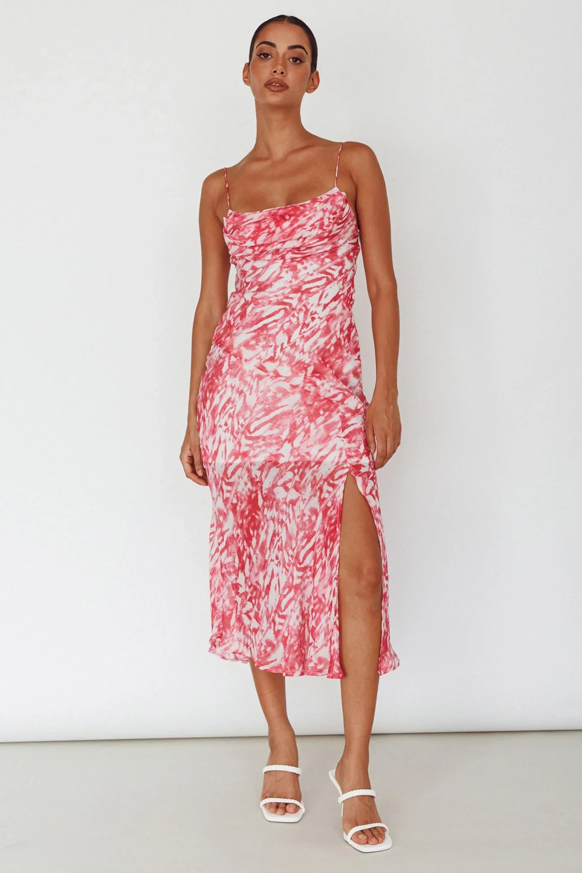 Well Versed Pleated Bust Front Split Dress Swirl Fuchsia