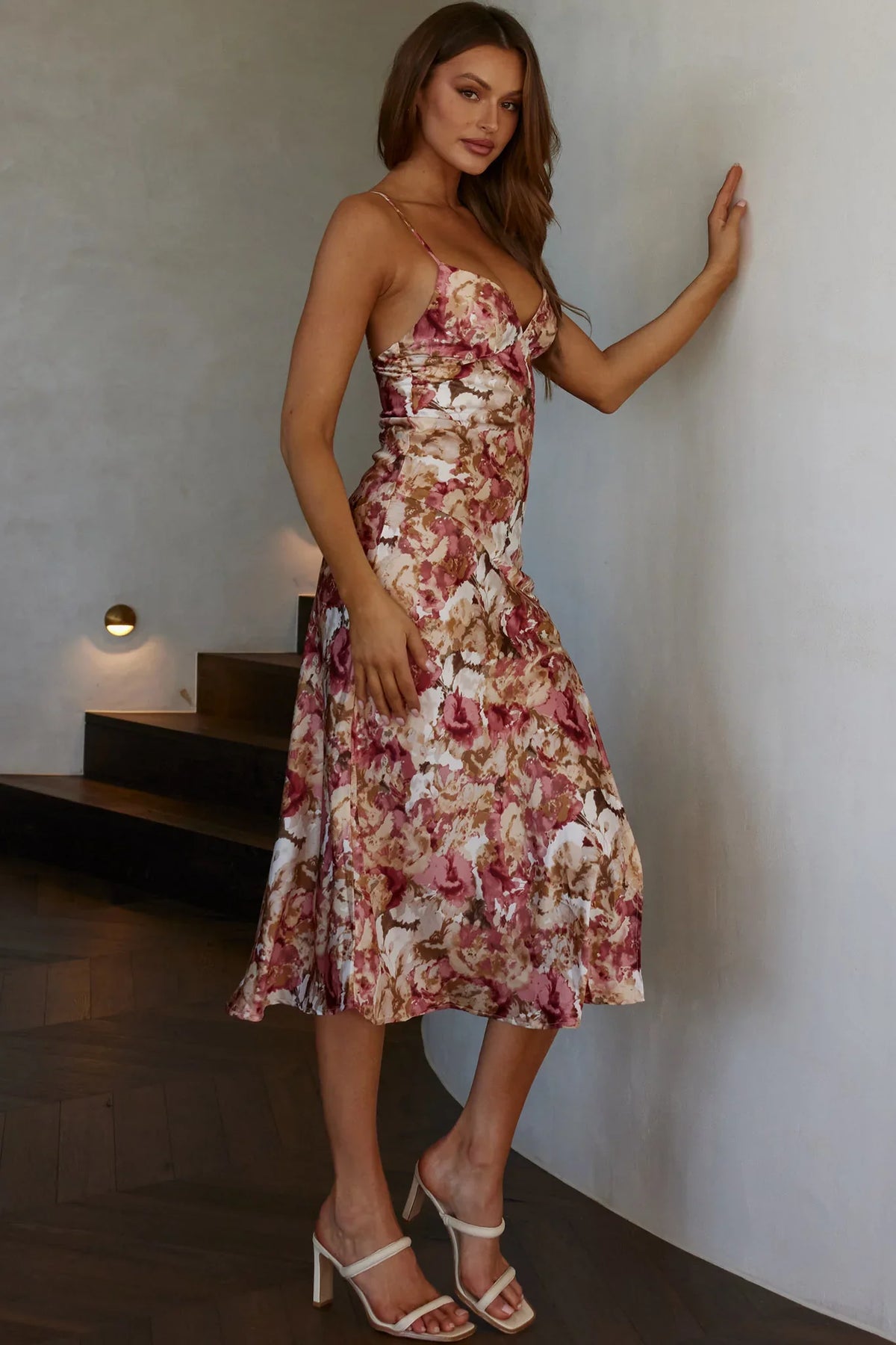Downtown Cami Strap Front Split Midi Dress Abstract Rose