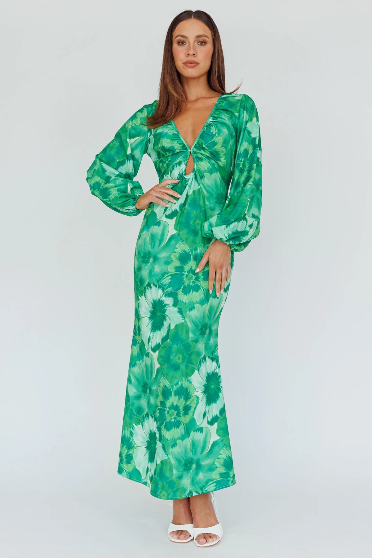 Yessica Balloon Sleeve Midi Dress Floral Green