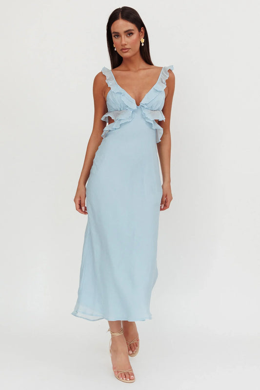 Second Chances Ruffle Trim Maxi Dress Blue