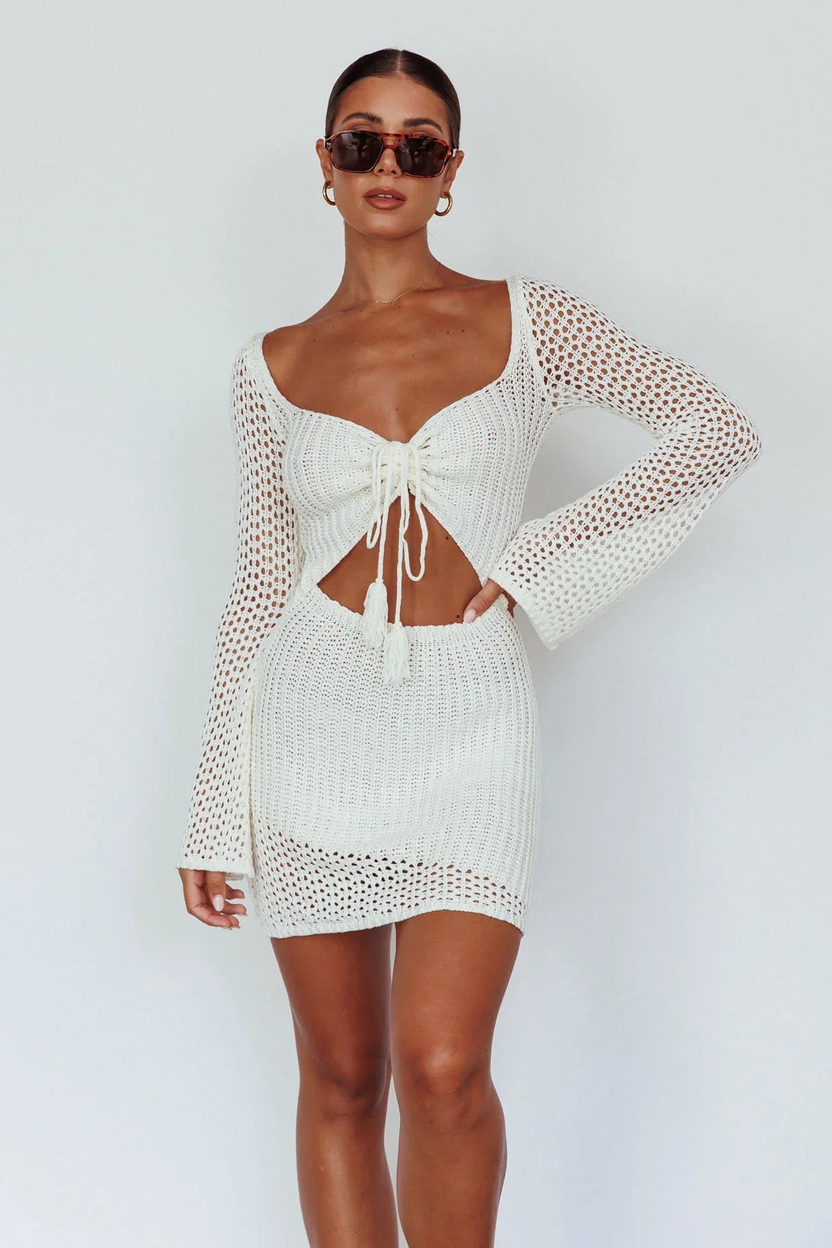 Jamaica Bell Sleeve Crochet Mini Dress White
