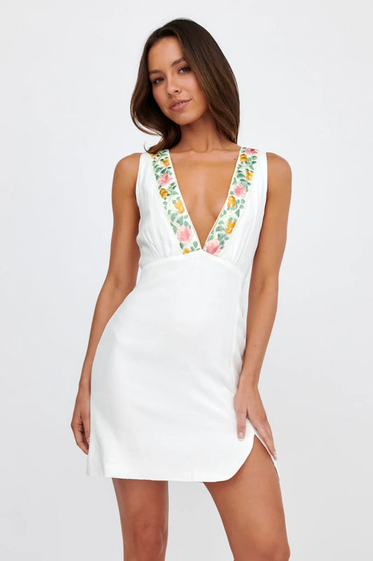 Cozumel V-Neck Embroidered Mini Dress White