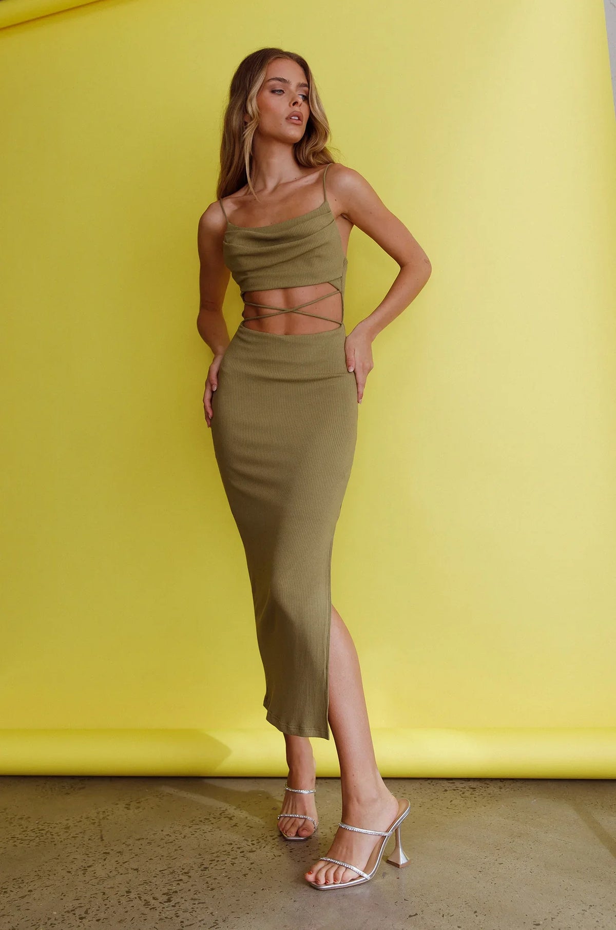Crazy In Love Cowl Neck Cut-Out Waist Midi Dress Olive