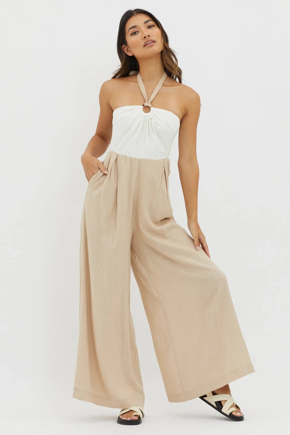 Maryn Wide Leg Halterneck Jumpsuit Beige