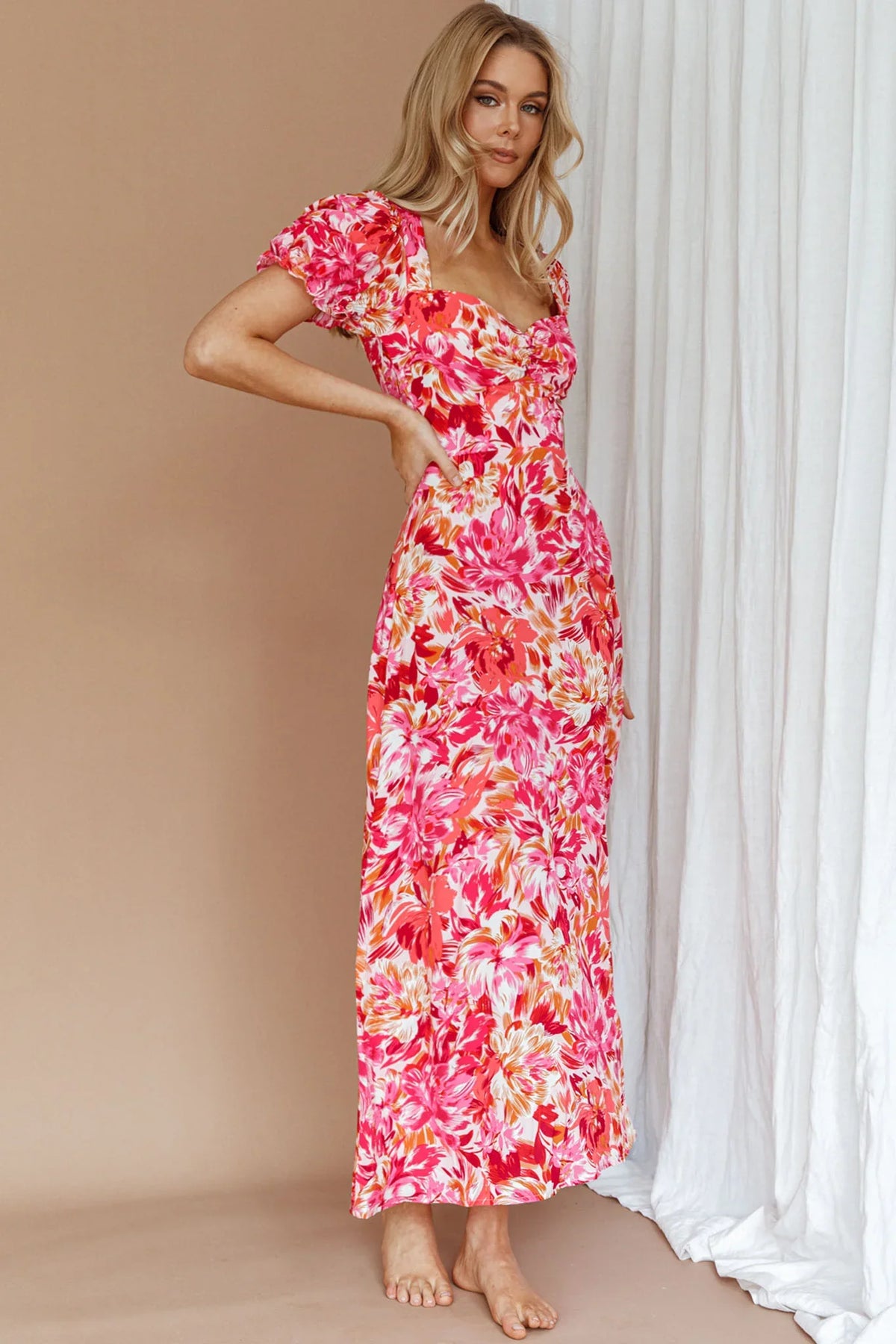 Montebello Puff Sleeve Maxi Dress Floral Pink/Orange