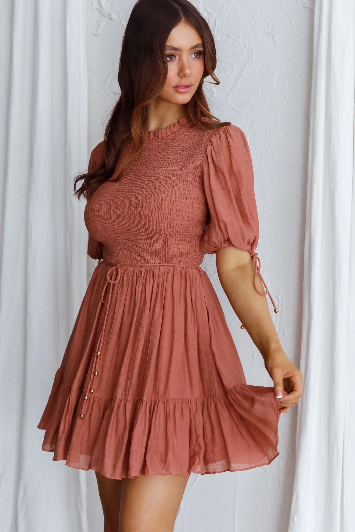 Secret Garden Puff Sleeve Smocked Bodice Dress Mocha