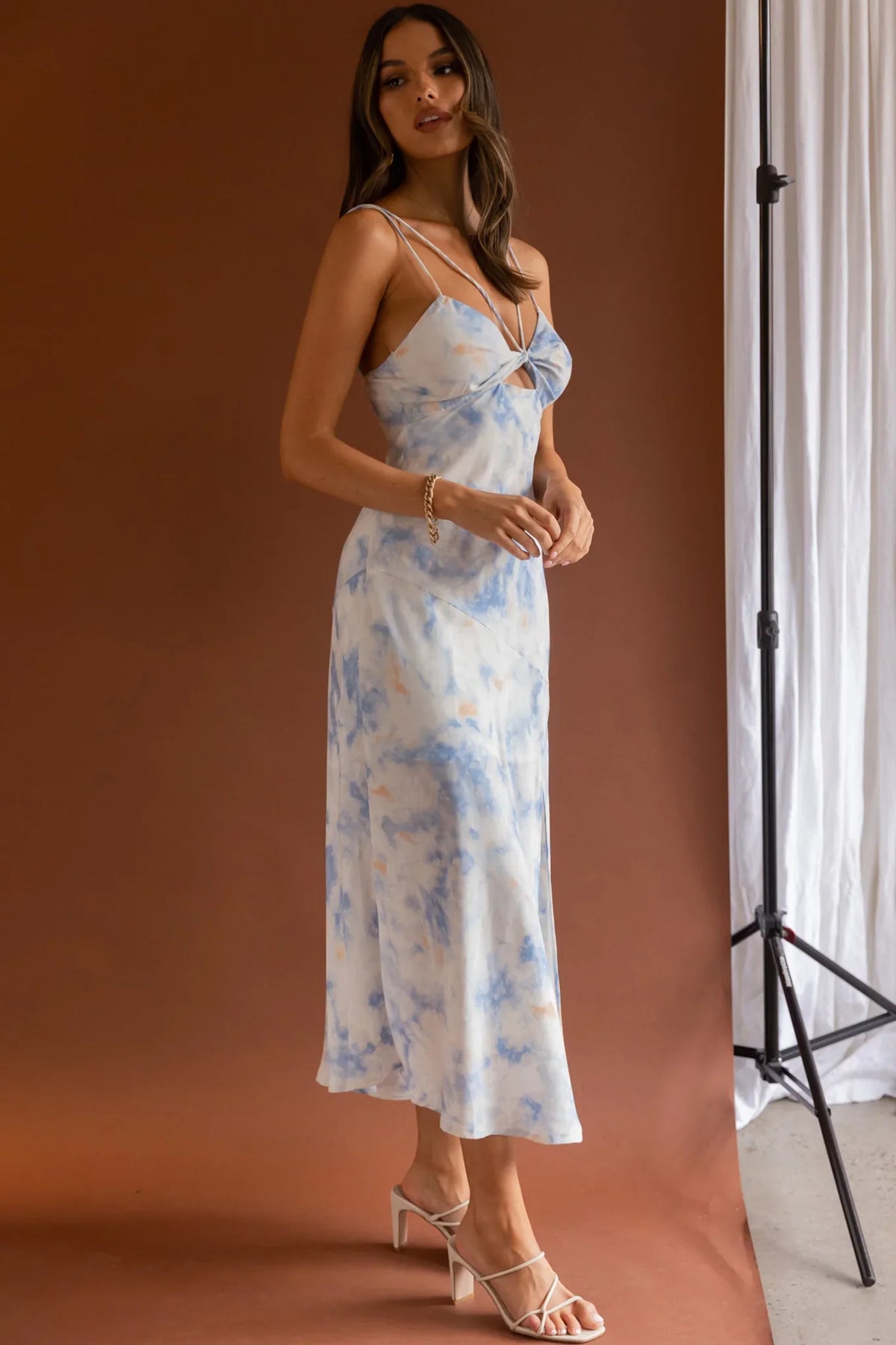 She Reigns Twist Bust Split Midi Dress Tie Dye Blue