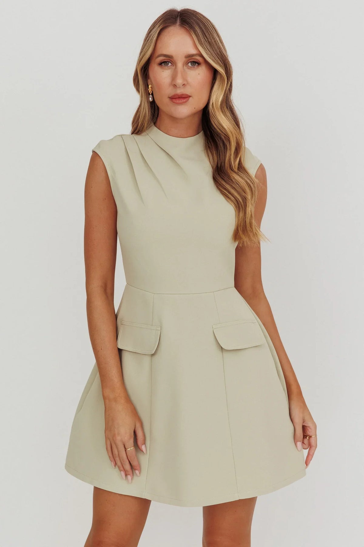 Thandi Pleat Shoulder Faux Pocket Mini Dress Sage