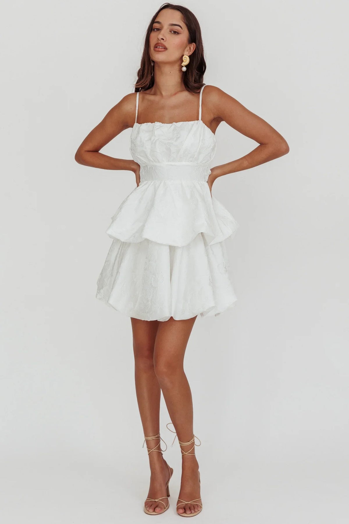 Zilara Bubble Hem Bow Mini Dress Jacquard White