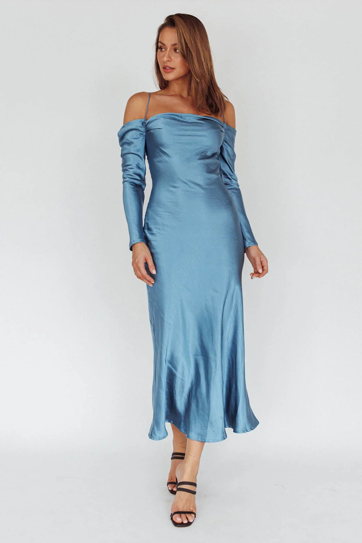 Ellory Long Sleeve Off-Shoulder Dress Blue