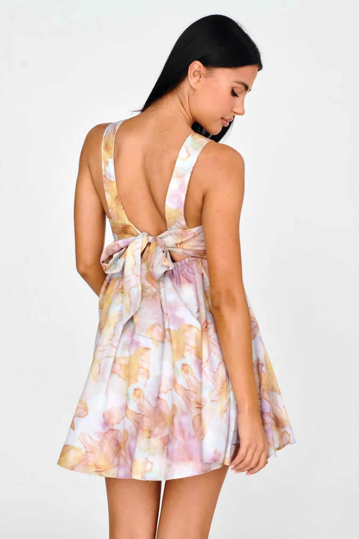New Horizons Square Neckline Tied Mini Dress Yellow