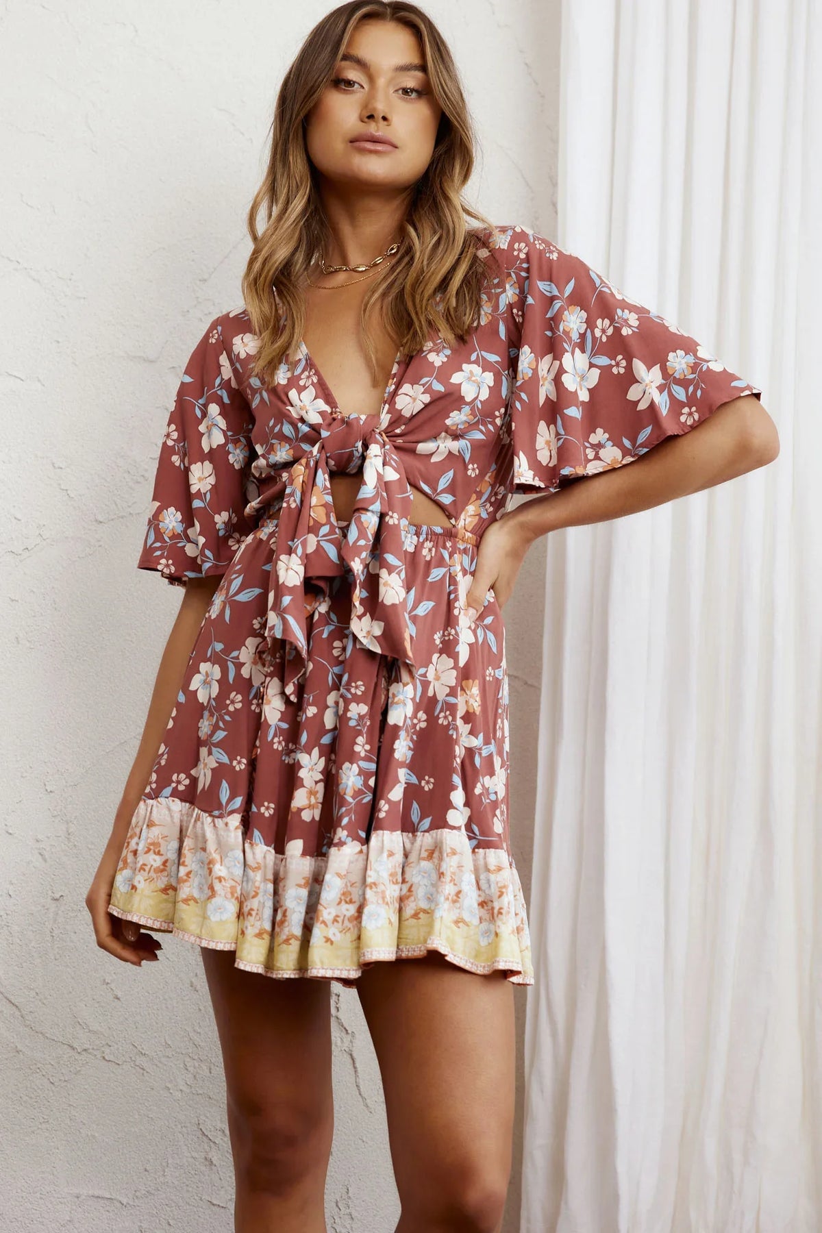 Suva Tie-Knot Bust A-Line Dress Floral Chocolate