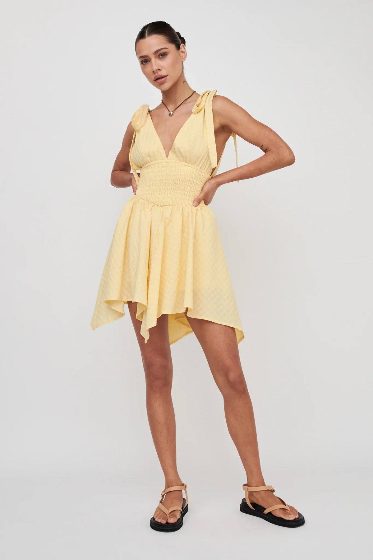 Lido Tied Shoulder Shirred Romper Lemon