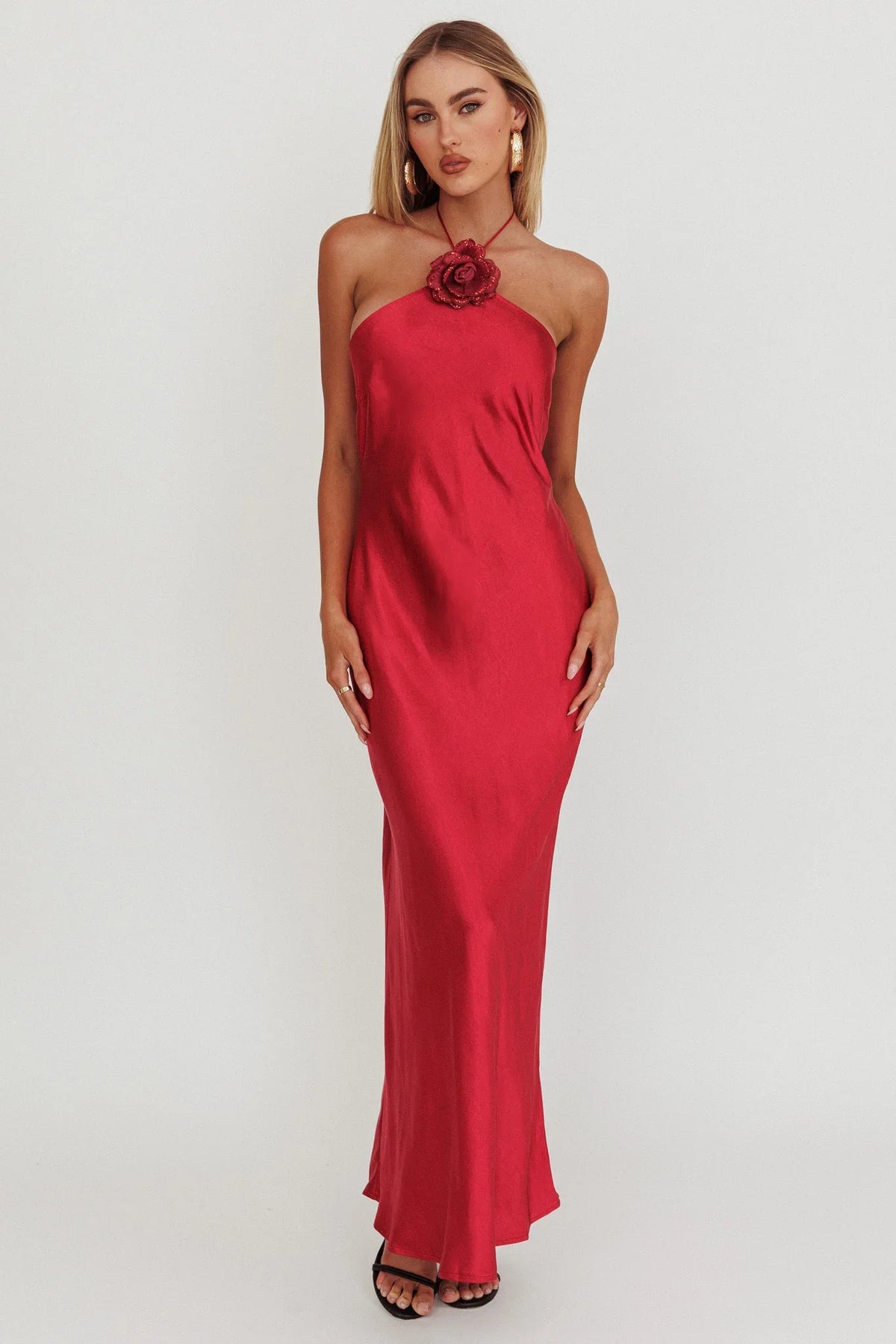 High Roller Flower Decoration Halter Dress Wine