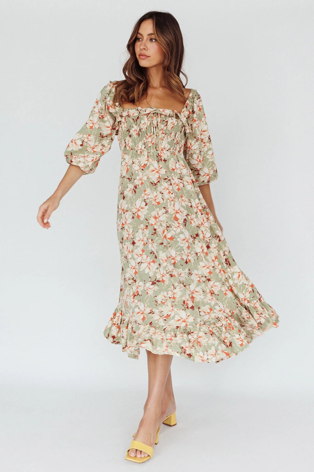 Flynn Balloon Sleeve Shirred Midi Dress Floral Green