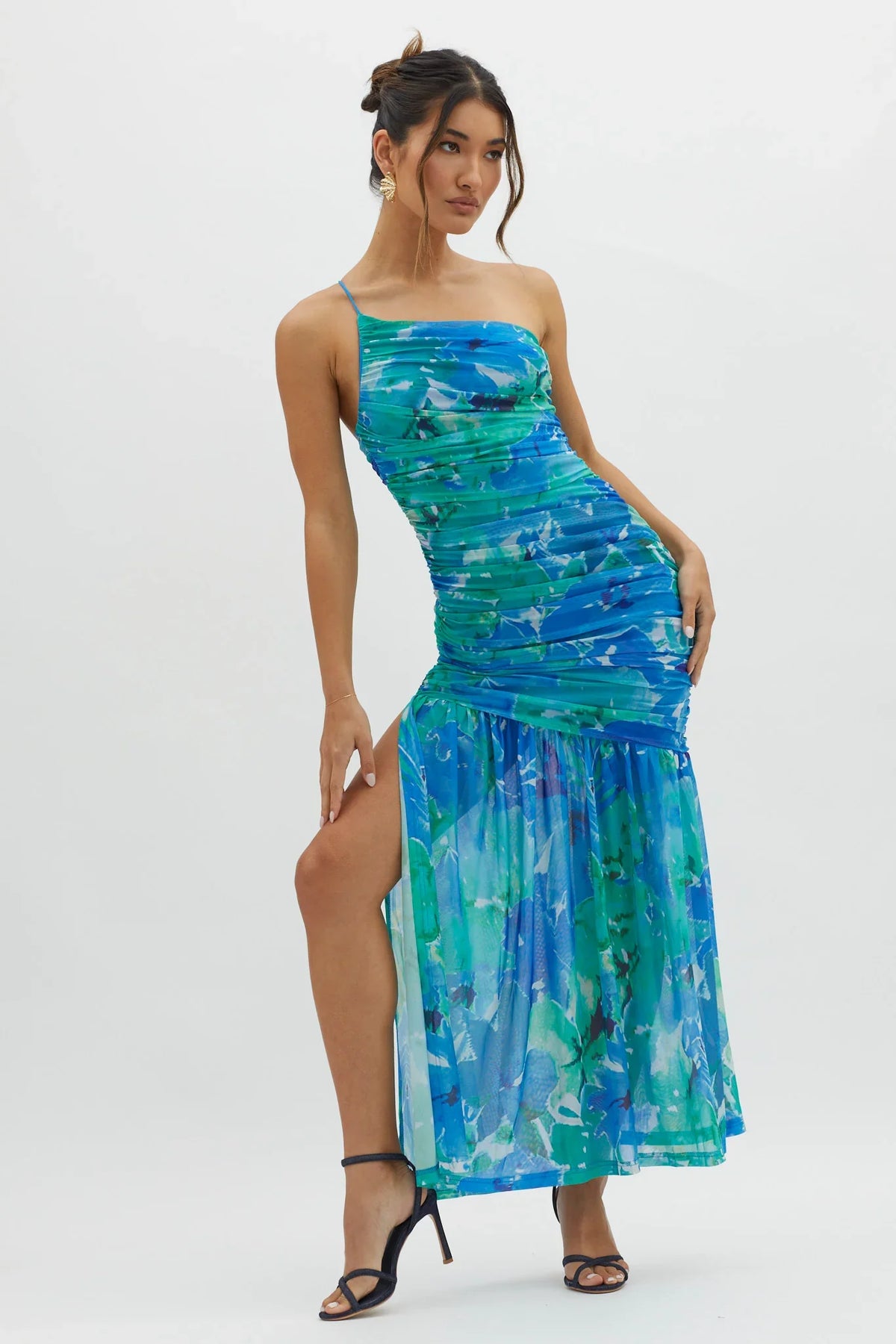 Golden Sun One-Shoulder Ruched Maxi Dress Green