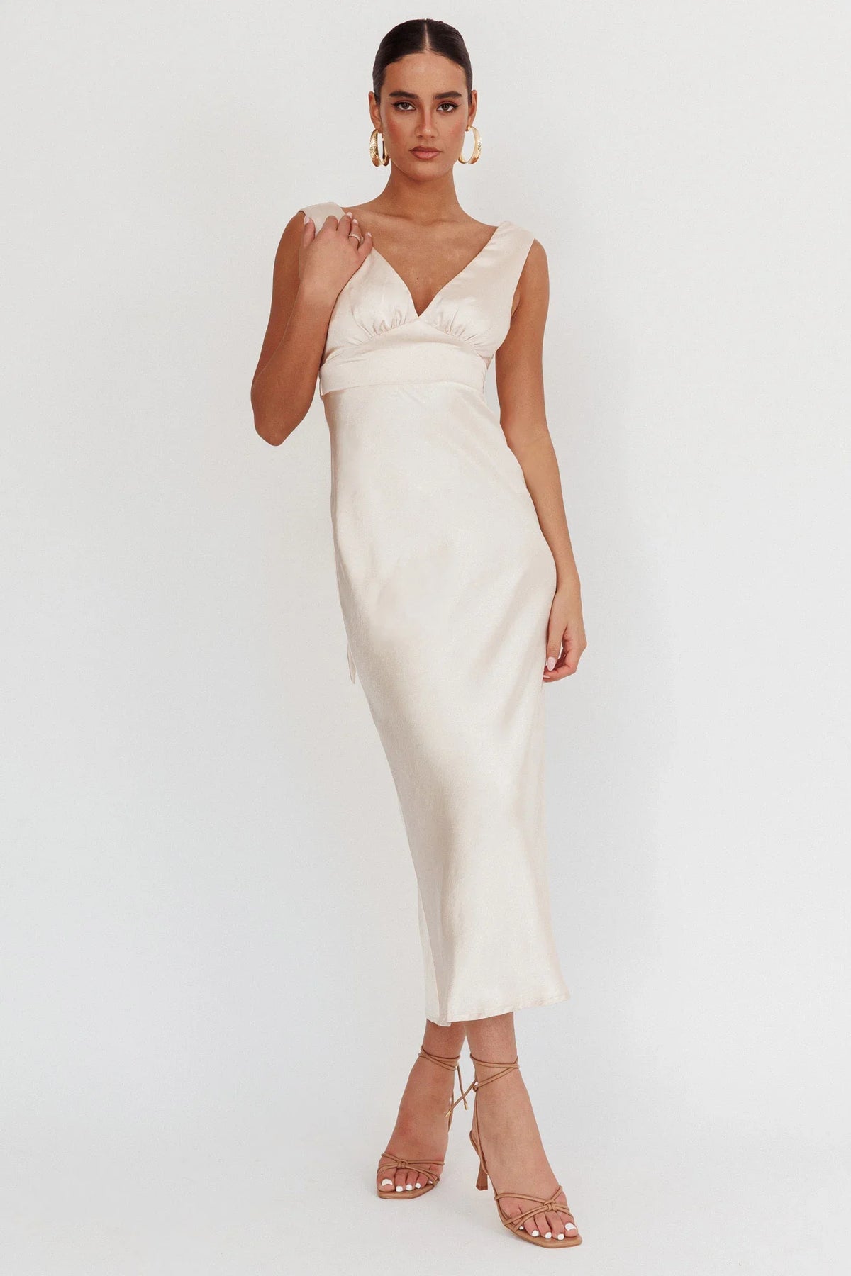 Leila V-Neck Low Back Satin Midi Dress Ivory