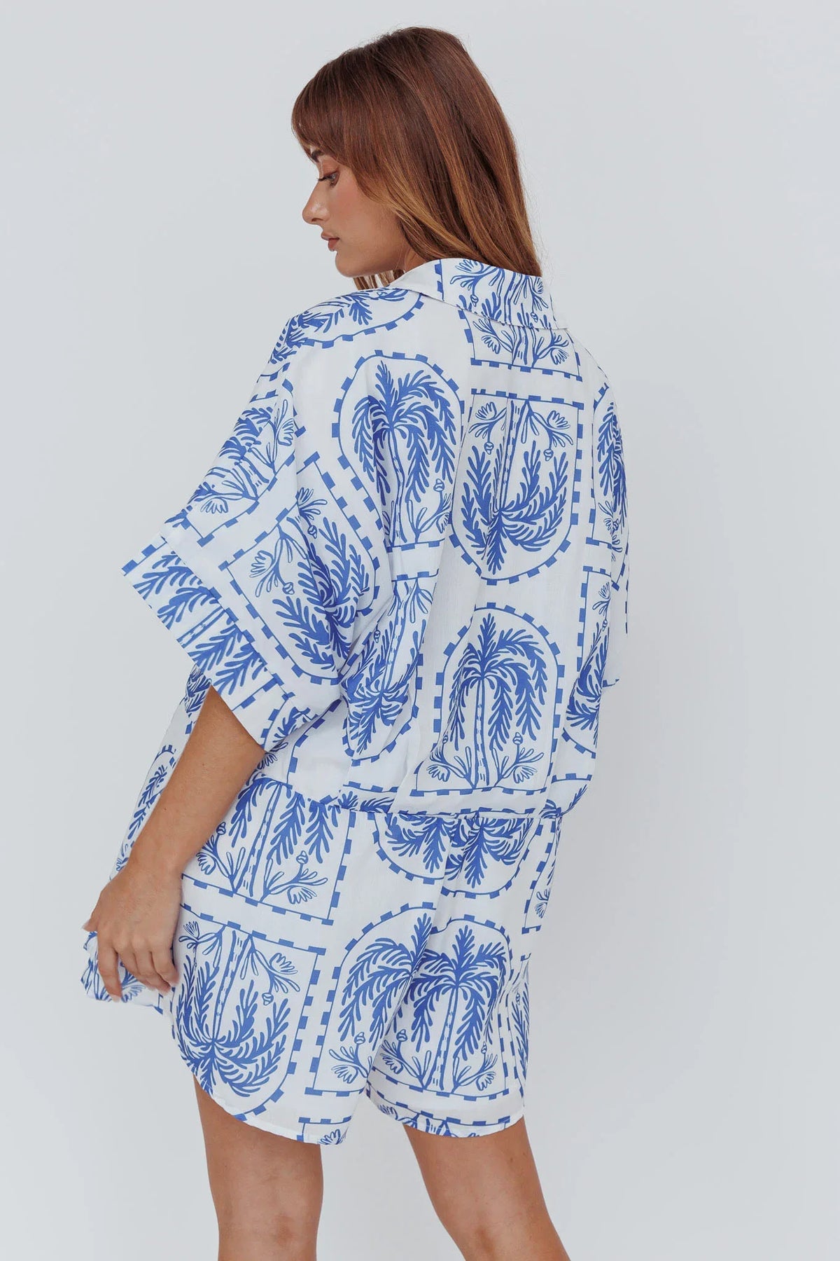 Daytona Beach Button-Up Romper Print Blue