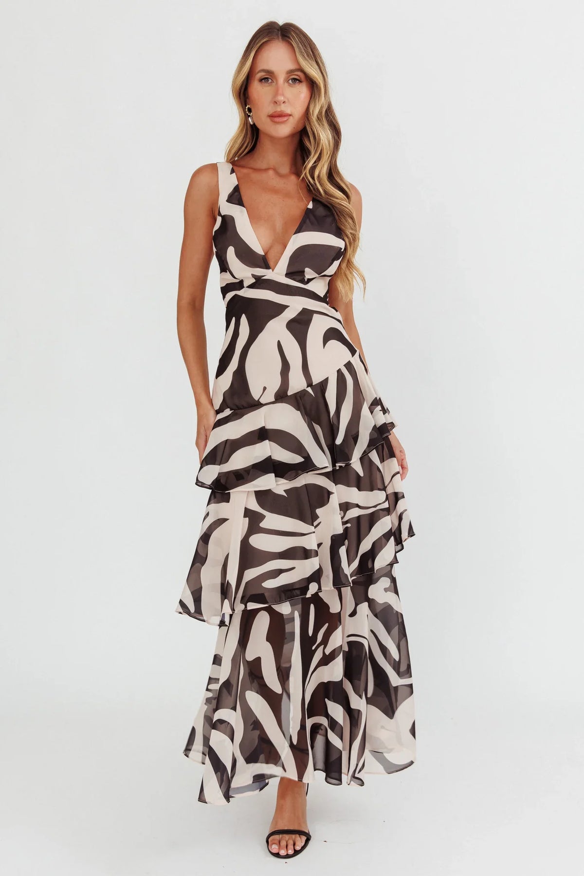 Veda Strappy Back Ruffle Maxi Dress Print Black