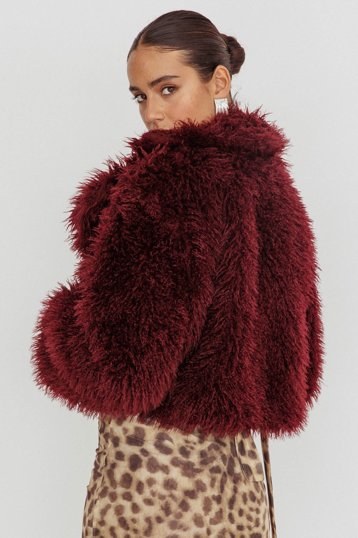 Aland Fuzzy Faux Fur Jacket Wine