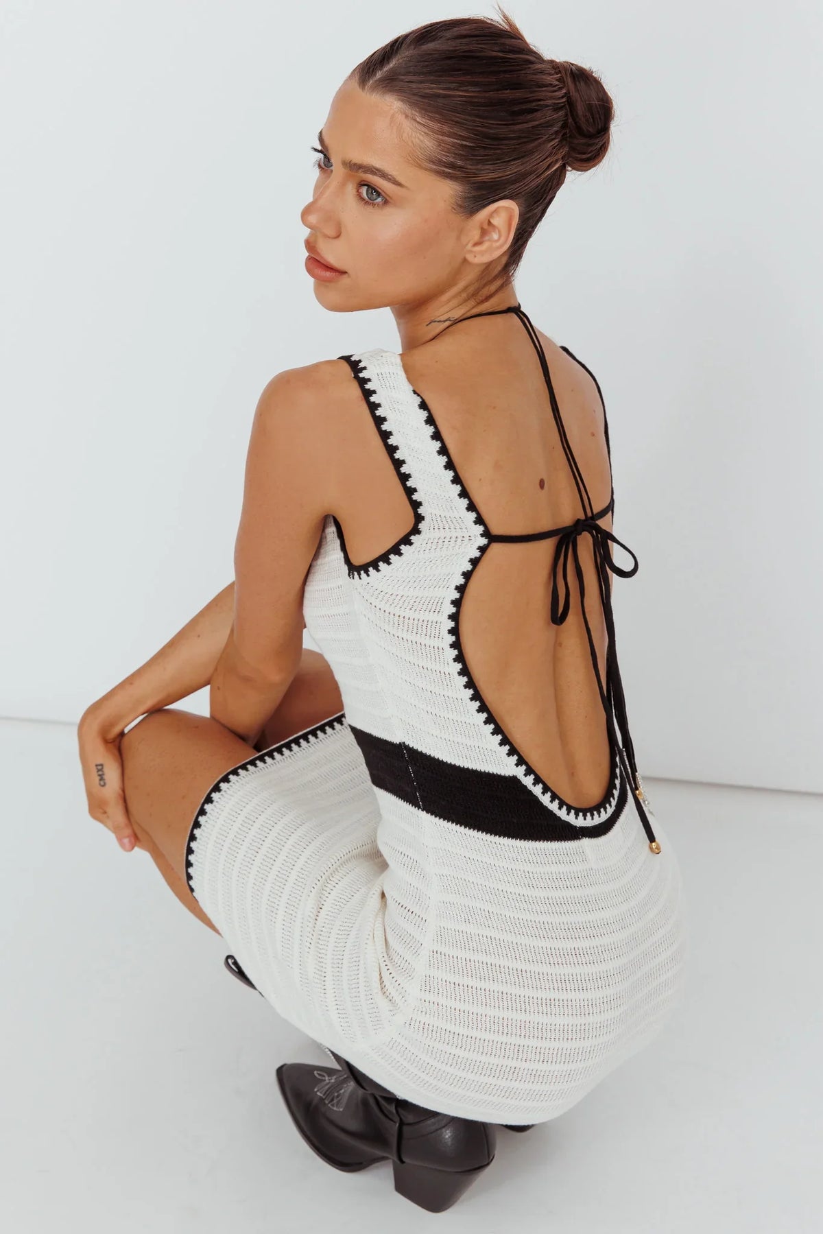 Mica Low Back Crochet Mini Dress Off White