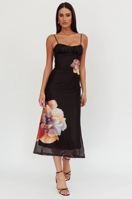 Nerida Gathered Bust Maxi Dress Flowers Black