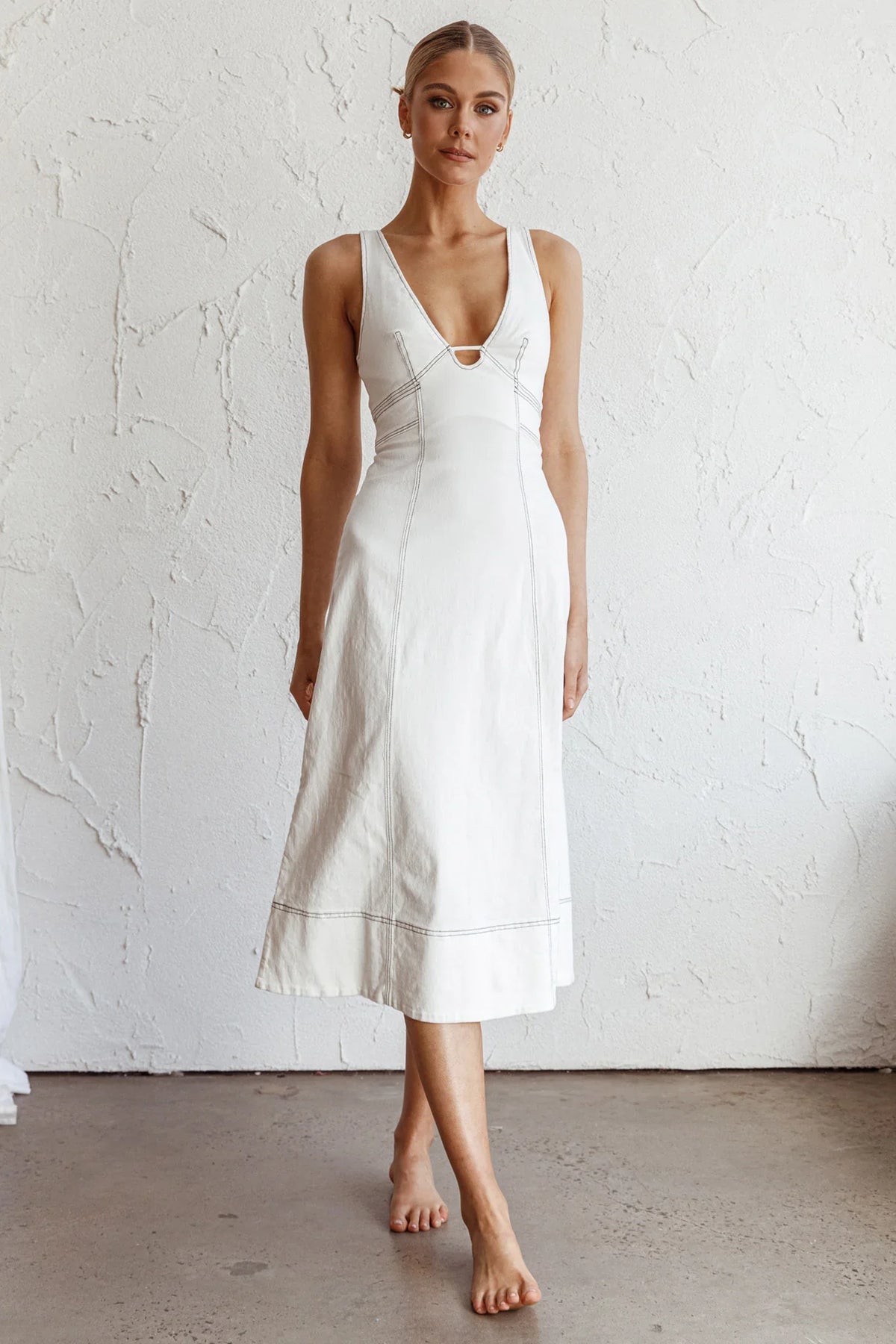 Elias Decorative Stitch Midi Dress White