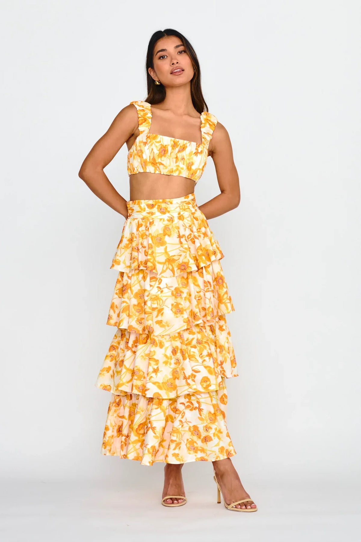 Suenito Gathered Crop Top Floral Orange
