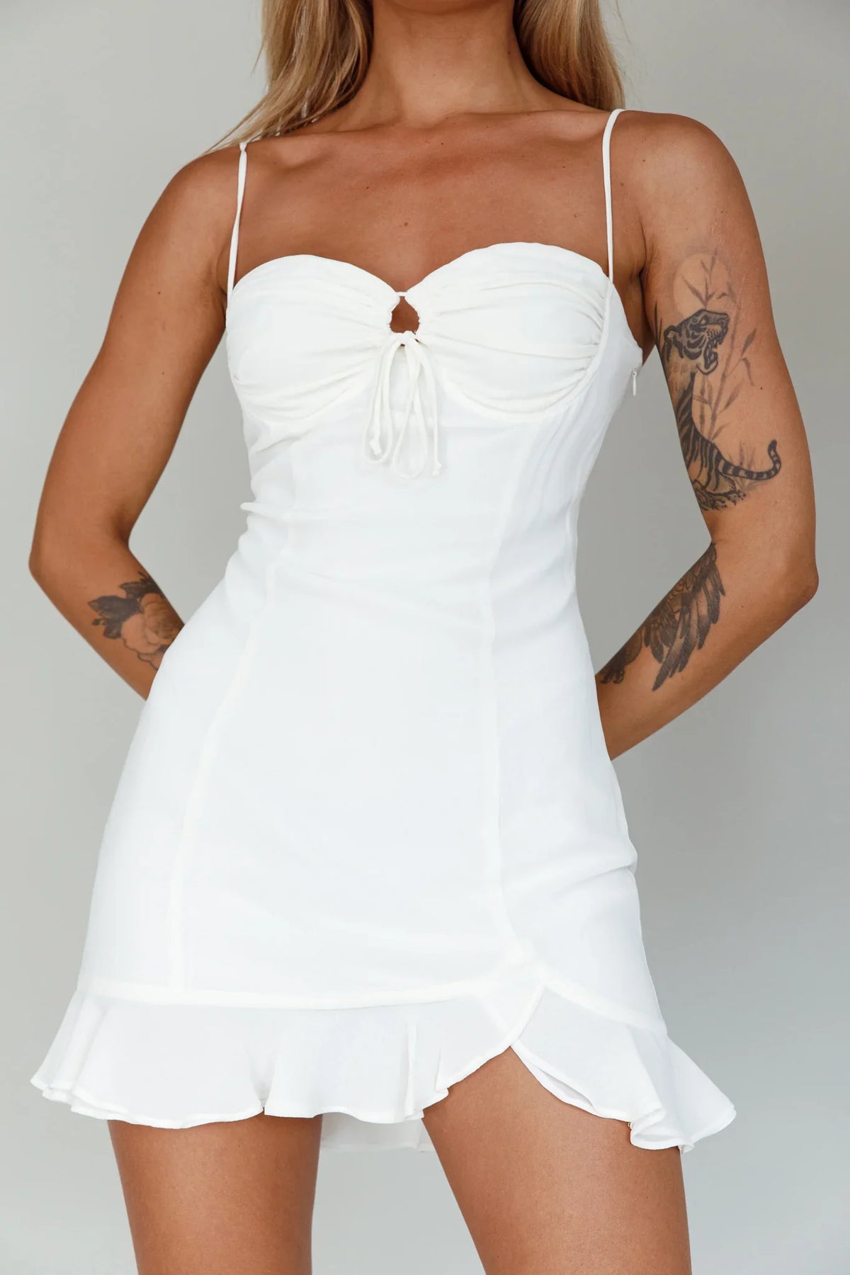 Sky Light Drawstring Bust Mini Dress Ivory